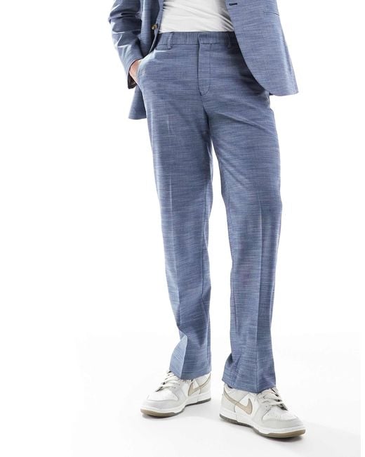 ASOS Blue Linen Look Straight Leg Suit Trousers for men