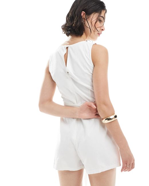 Brave Soul White Linen Look Romper With Tie Waist