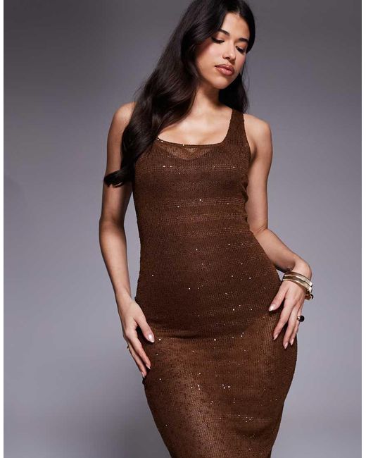 The Frolic Brown Exclusive Sheer Sequin Knit Open Tie Back Maxi Beach Dress