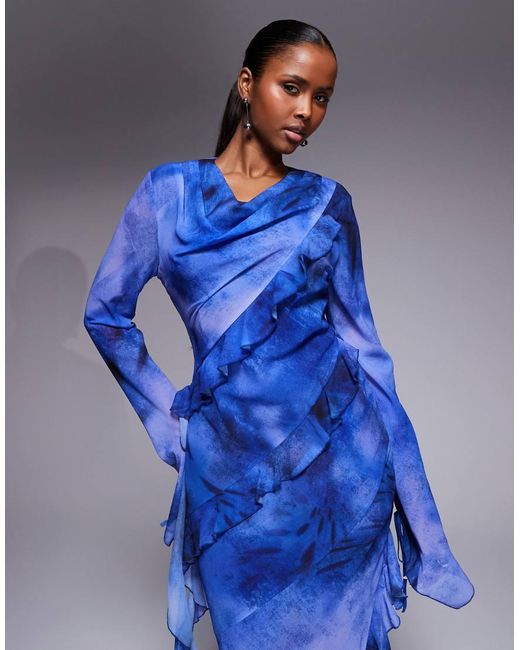 DASKA Blue Chiffon High Cowl Neck Frill Detail Maxi Dress
