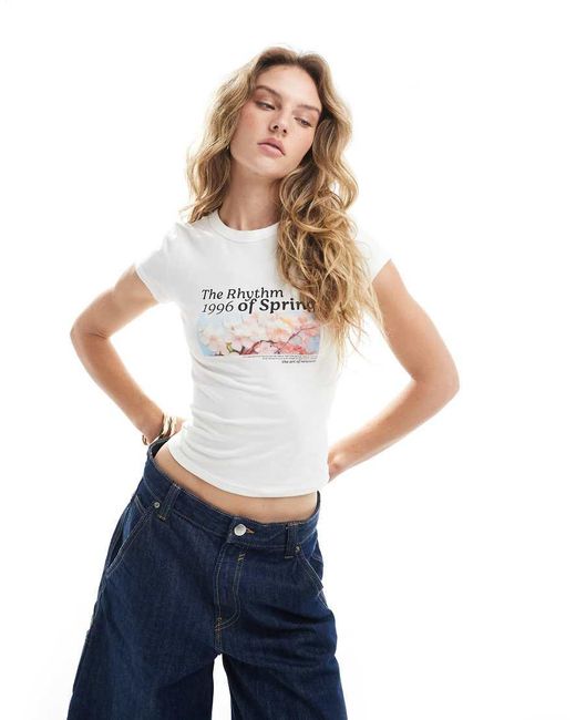 Bershka White Orchid Print Baby Tee