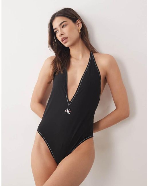 Calvin Klein Black Logo Plunge One Piece Backless Swimsuit