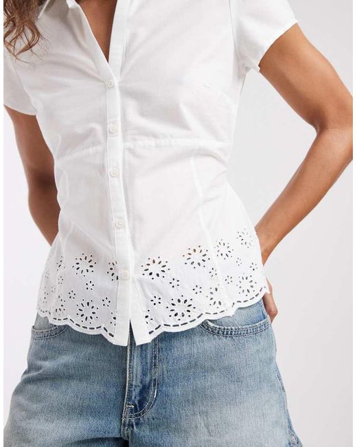 Hollister White Embroidered Short Sleeve Shirt