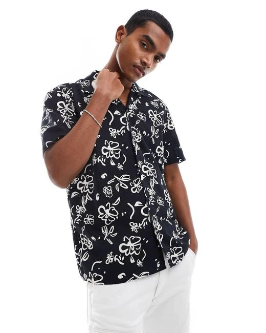 SELECTED Blue Linen Mix Revere Collar Shirt With Print for men