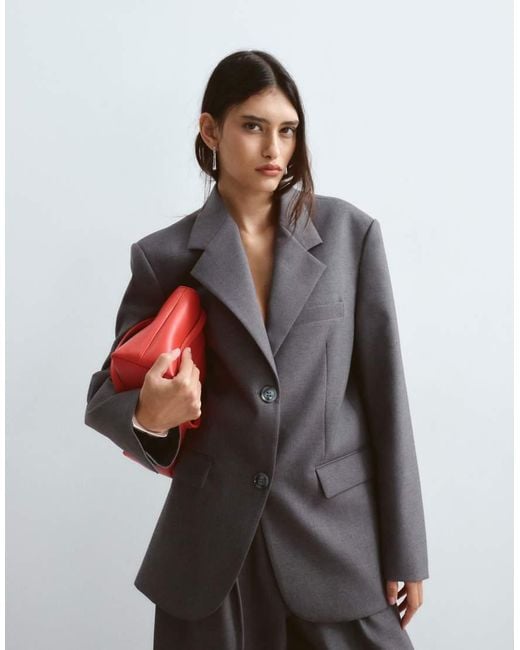 ARRANGE Gray Premium Oversized Wool Blazer With Contrast Stripe Lining