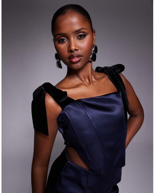 ASOS Blue Bonded Satin Corset Cut Out Mini Dress With Velvet Tie Shoulder