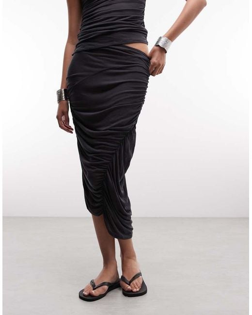 Weekday Gray Ruched Asymmetric Midi Skirt