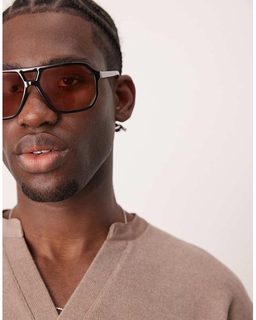 Occhiali Da Sole Aviatore Neri Con Lenti Ambra di ASOS in Brown da Uomo