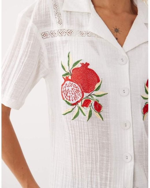 ASOS White Lace Insert Pomegranate Embroidered Shirt