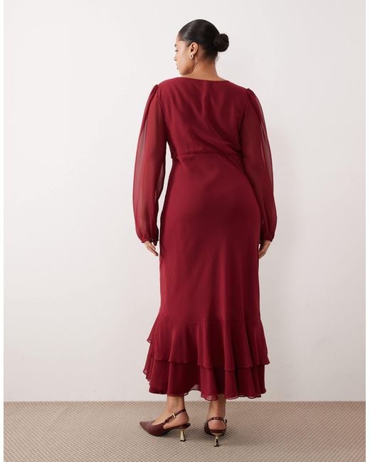 Red Neck Ruffles Lace & Beads Plus Chiffon Balloon Sleeve Plunge Neck Ruffle Hem Maxi ...