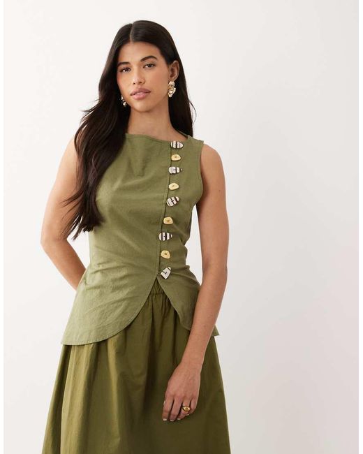 ASOS Green Linen Look Waistcoat Maxi Dress With Poplin Skirt