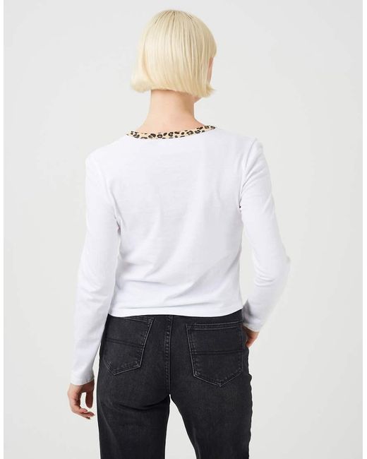 Brave Soul White Long Sleeve Contrast Print Neck Detail Top