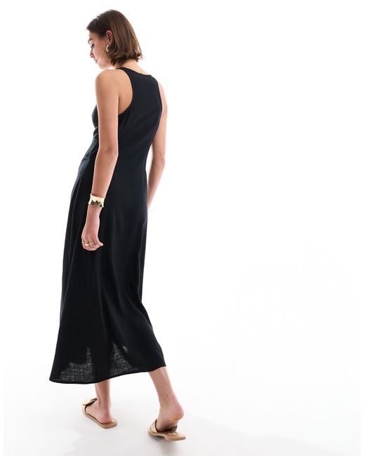 ASOS Black Button Down Linen Midi Dress With Full Skirt