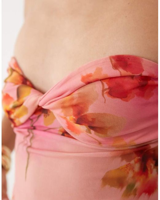 ASOS Red Sheer Twist Floral Print Asymmetric Bandeau