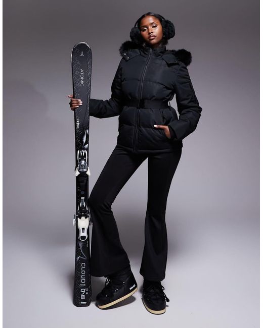 Chaqueta De Esquí Negra Acolchada Con Ribete De Piel Sintética En La Capucha De Ski Threadbare de color Blue