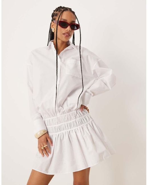 ASOS Natural Blouson Shirt Mini Dress With Dropped Waist