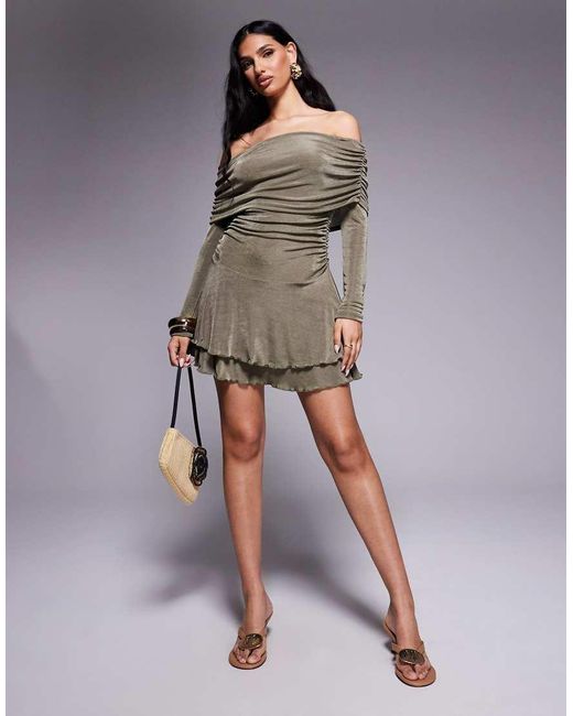 Aria Cove Gray Textured Slinky Deep Bardot Ruffle Hem Mini Dress