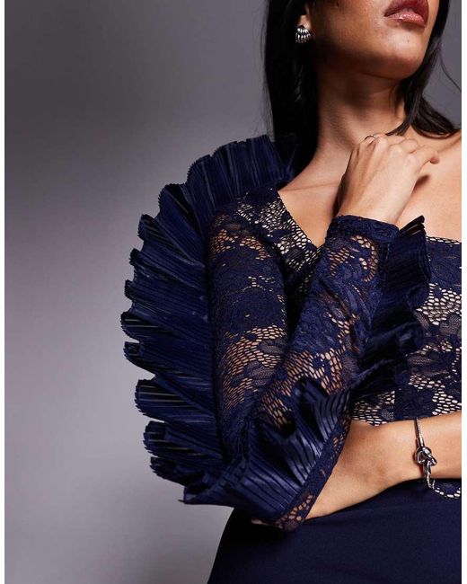 Goddiva Blue One Shoulder Organza Fan Detail Lace Bodice Maxi Dress