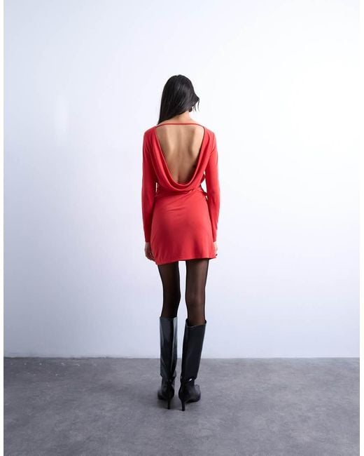 TOPSHOP Red Cupro Long Sleeve Cowl Back Mini Dress