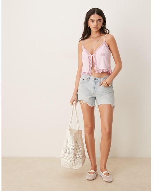 ASOS Red Slinky Lace Trim Tie Front Top