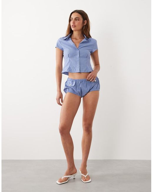Mango Blue Starring Hailey Bieber Gigi Cinched Waist Short Sleeve Shirt