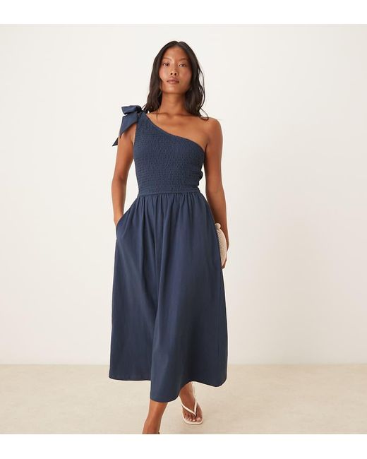 Nobody's Child Petite Blue Tie One-shoulder Shirred Midi Dress