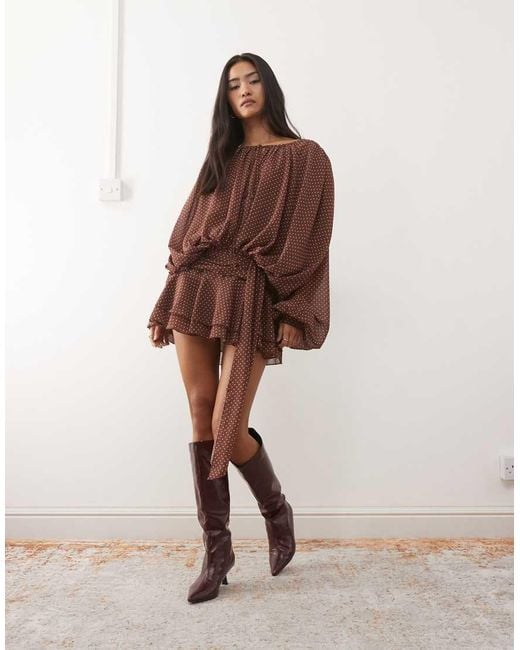 Lioness Brown Elements Petite Chiffon Drape Detail Balloon Sleeve Tie Waist Mini Dress