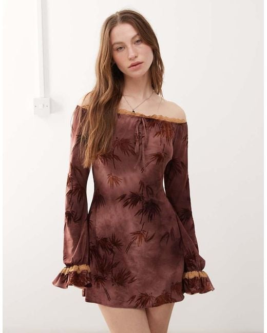 The Kript Brown Boho Off Shoulder Mini Dress With Lace Detailing
