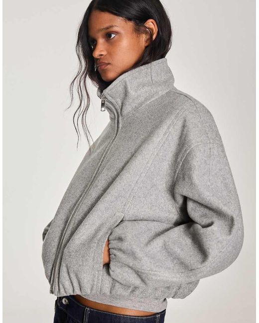 Bershka Gray Wool-blend Jacket With Gathered Hem