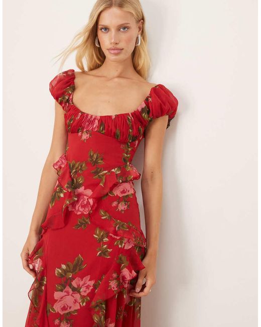 Vestito Midi Con Maniche Raccolte E Volant Rosso A Fiori di ASOS in Red