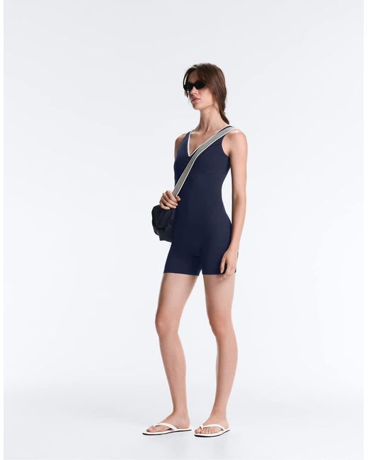 Oysho Blue Comfortlux Strappy V-neck Short Jumpsuit