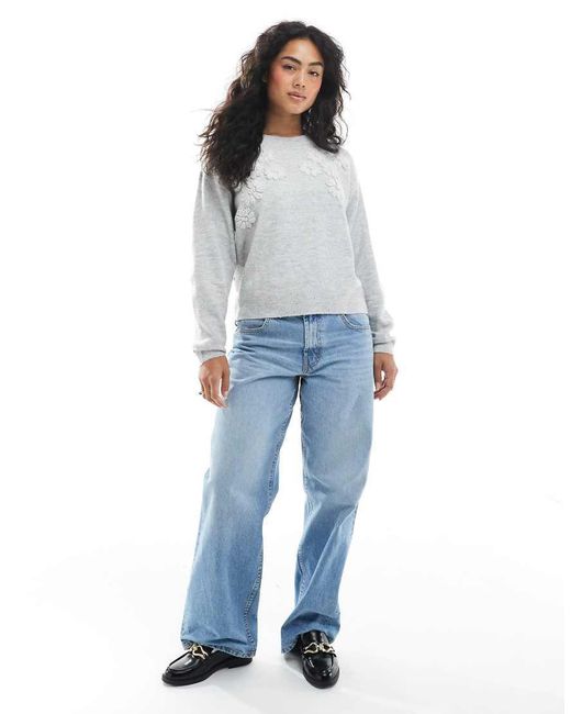 Brave Soul Gray Crew Neck Jumper With Flower Embroider Detail