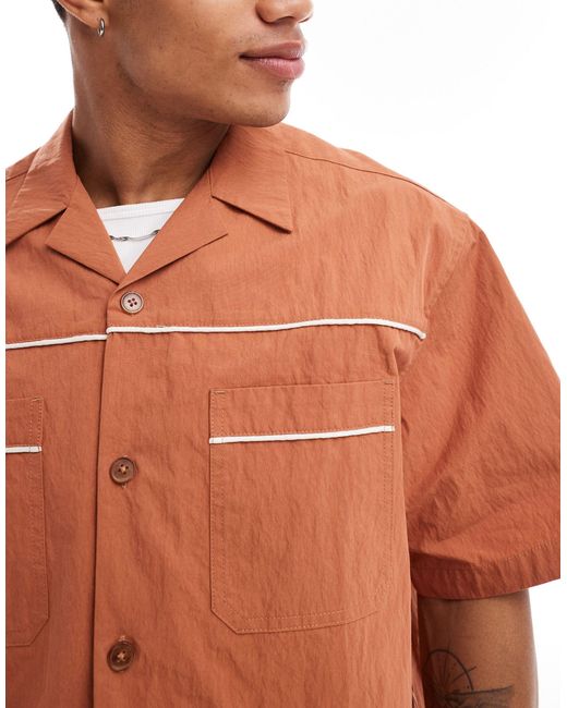 ASOS Brown Co-ord Short Sleeve Boxy Oversized Shirt With Piping for men