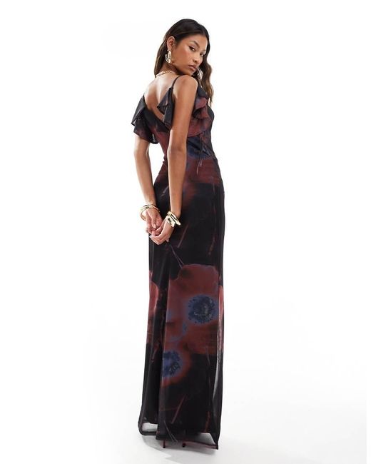 ASOS Diepuitgesneden Maxi Jurk Van Mesh Met Gedrapeerde Halslijn, Strikdetail En Vervaagde Bloemenprint in het Multicolor