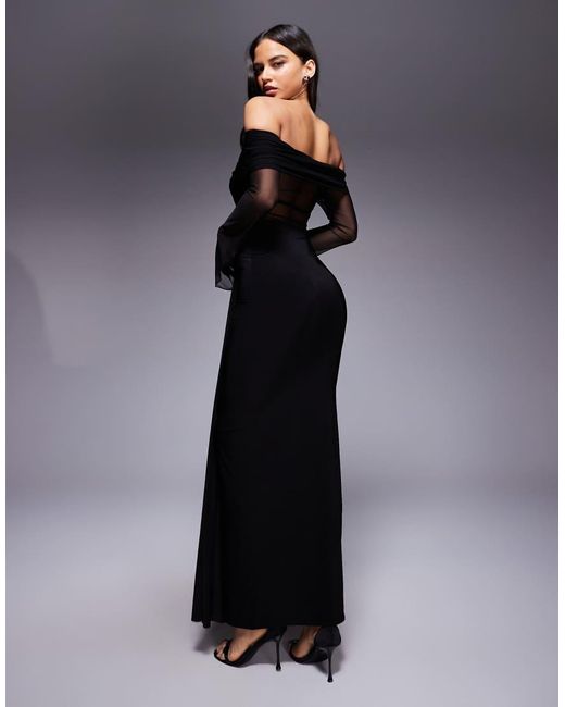 Kaiia Blue Exclusive Double Layered Slinky Foldover Bardot Sheer Panel Ruched Skirt Maxi Dress