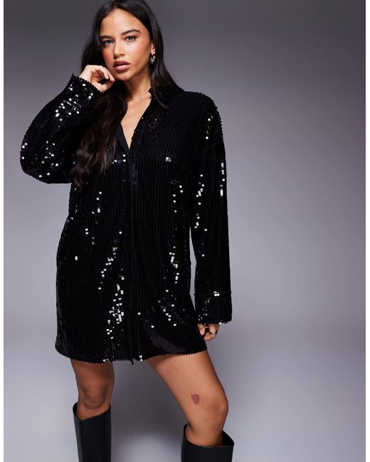 Kaiia Black Exclusive Premium Sequin Oversized Shirt Mini Dress