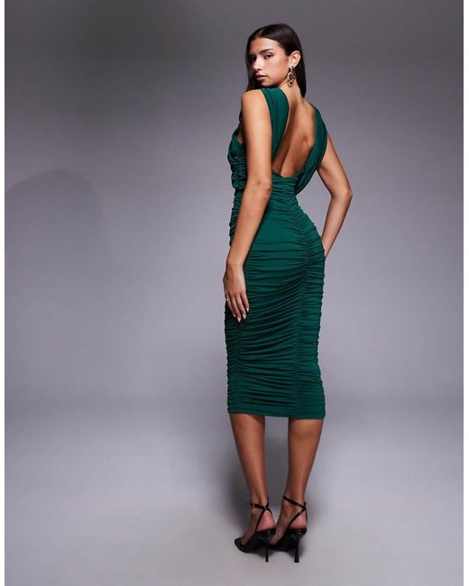 Vestito Midi Accollato E Arricciato Color Smeraldo Aperto Dietro di TFNC London in Blue