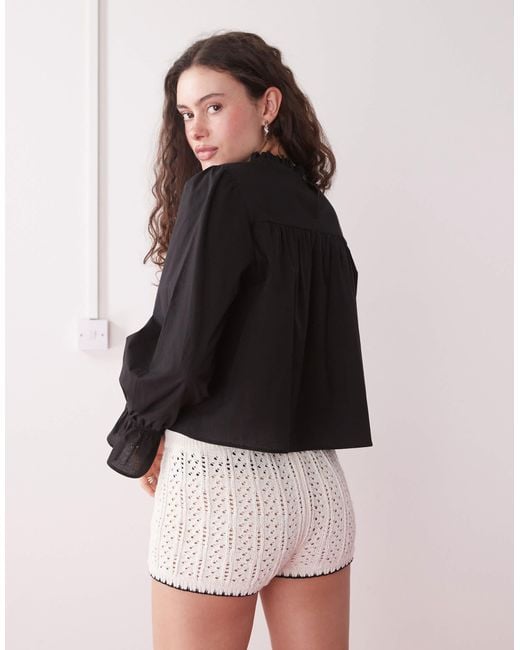 Reclaimed (vintage) Black Smock Top With Flare Sleeve And Lace Inserts