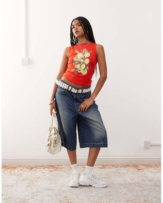 Collusion Red Fruit Print Slash Neck Top