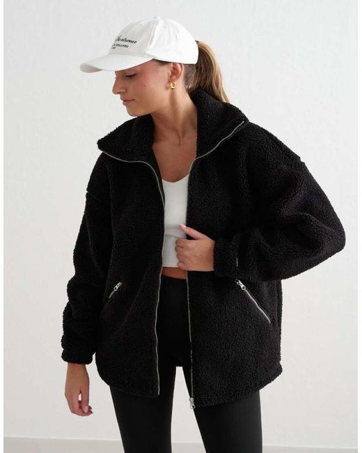 Aim'n Black Teddy Borg Funnel Neck Zip Through Jacket