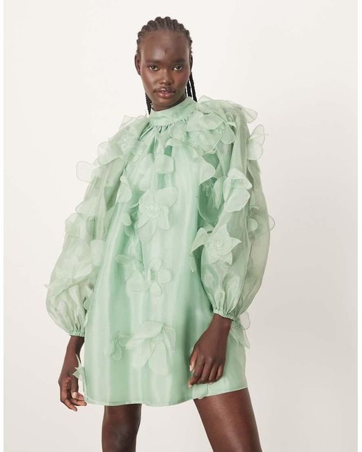 ARRANGE Mini-Jurk Van Organza Met Bloemen-Appliqué, Hoge Hals En A-Lijn in het Green
