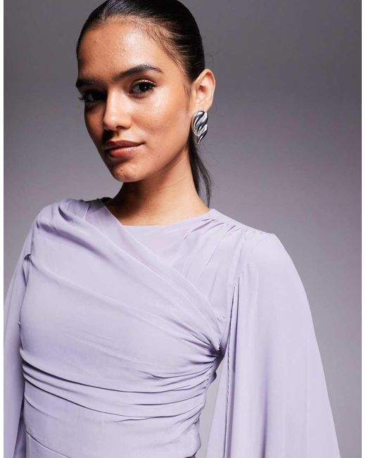 Beauut Purple Chiffon Wrap Front Sleeve Drama Cape Detail Maxi Dress