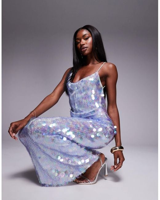ASOS Blue Iridescent Sequin Asymmetric Cowl Neck Midi Dress