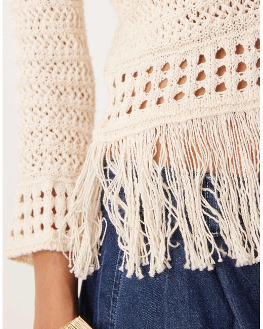 ASOS Natural Crochet Look Off Shoulder Jumper With Fringe Hem