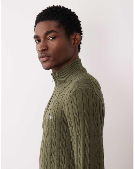 Gant Green Cotton Cable Knit Half-zip Jumper for men