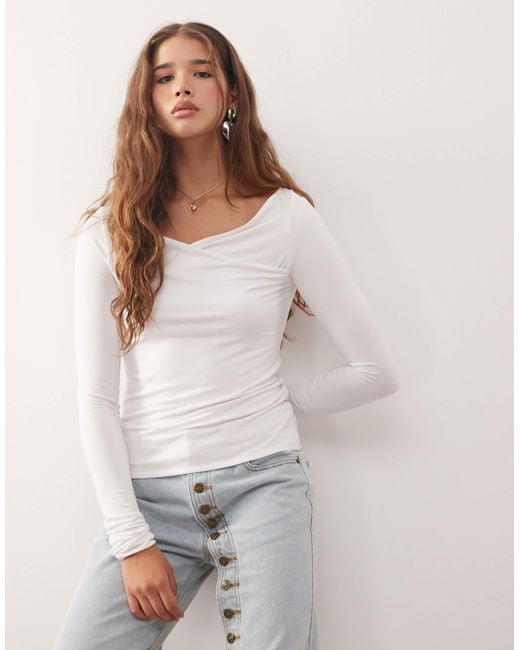 Weekday White Slim Fit Long Sleeve Wrap Top