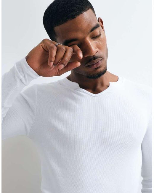 ASOS White Muscle Fit Long Sleeve T-shirt With Notch Neck for men