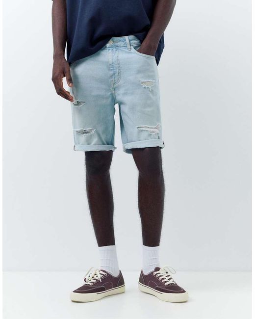 Pull&Bear Blue Ripped Denim Bermuda Shorts for men