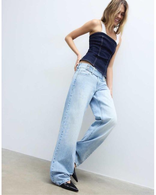 Stradivarius Blue Low-Waist Straight-Leg Hammer-Loop Jeans