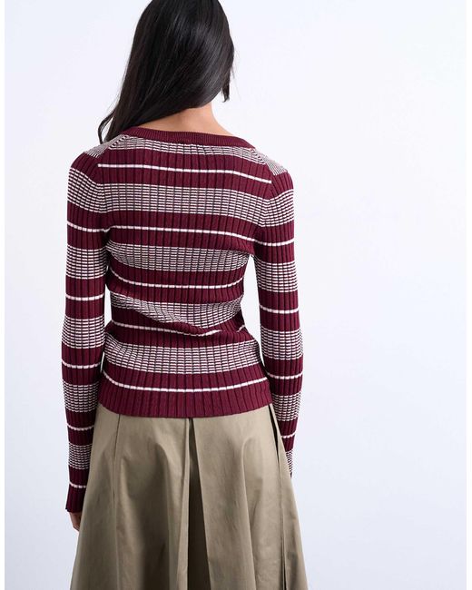 TOPSHOP Purple Knitted V Neck Striped Long Sleeve Top
